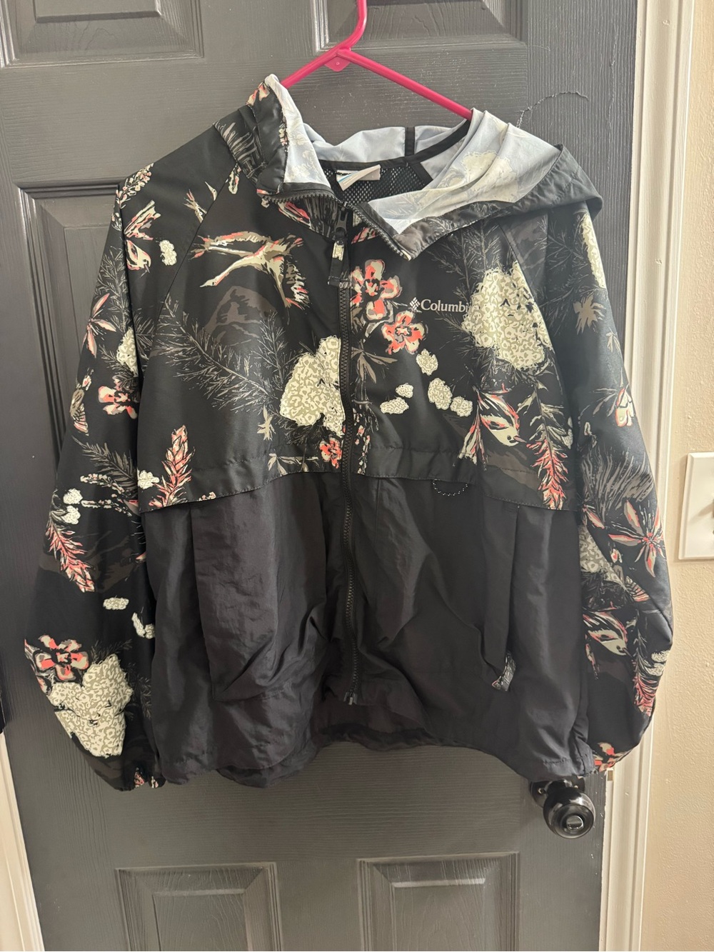 Columbia Black Floral Hooded Bomber Jacket